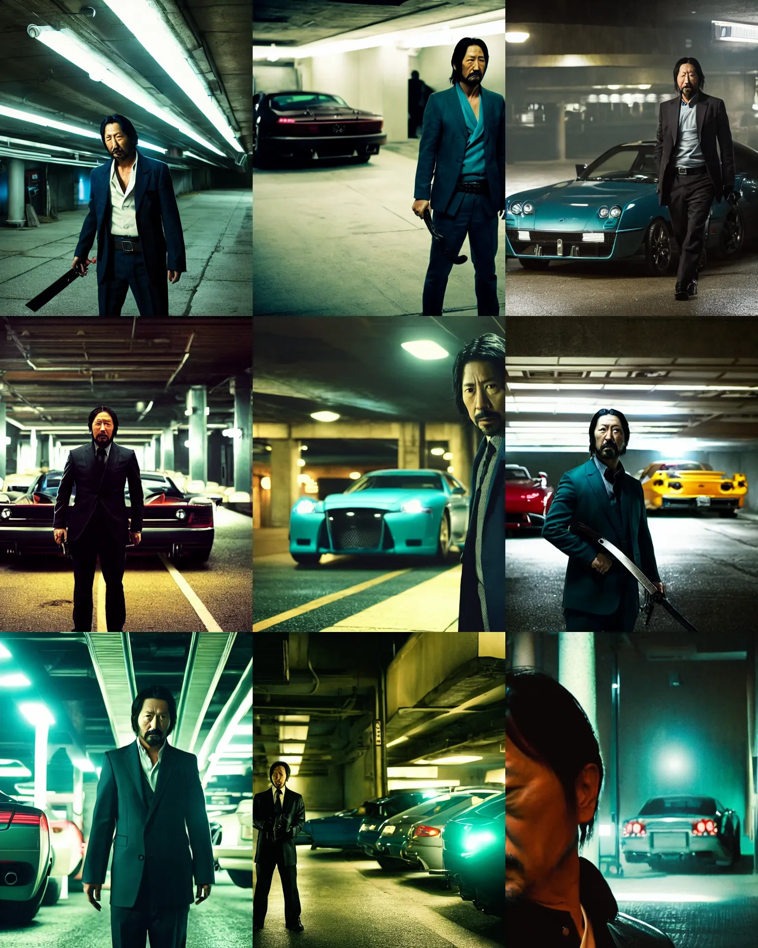 Prompt: denis villeneuve movie still of hiroyuki sanada as yakuza in an underground parking lot, holding a sword, many exotic cars, rack focus, close establishing shot, monochromatic teal, dark teal lighting, soft dramatic lighting, 4 k digital camera