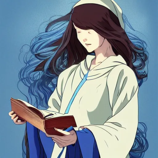 Prompt: portrait of a female wizard with brown hair wearing a blue hood and blue robe holding a book, fantasy, highly detailed, digital illustration, character art, seinen, anime key visual, hayao miyazaki, makoto shinkai, alphonse mucha