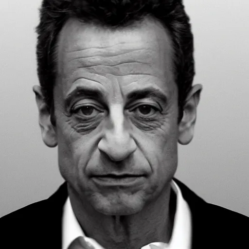 Prompt: mugshot portrait of Nicolas Sarkozy, heavy grain, high contrast black and white, low quality video camera security night vision