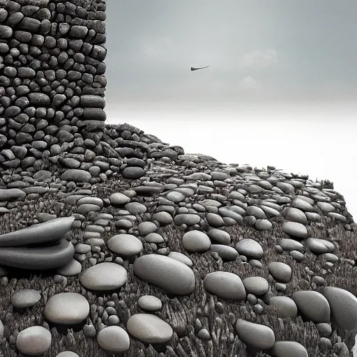 Image similar to sculpture made of piled stones, wood, nails, sunlit, photorealistic, 3 d rendering, higly detailed, minimalist, made with unreal engine, cgsociety, by yves tanguy, by nate boyce, by david smith