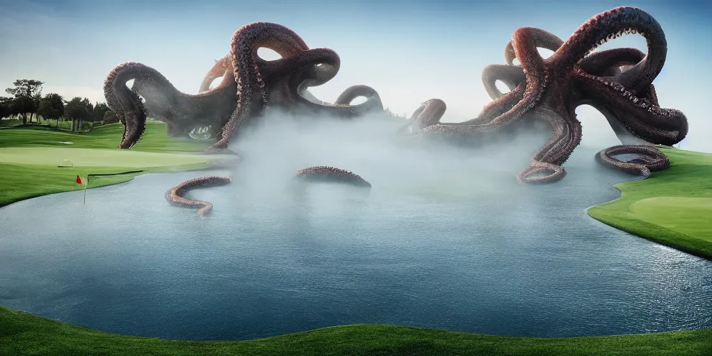 Image similar to a great photograph of the most amazing golf hole in the world, surrounded by water, giant octopus, ambient light, golf digest, top 1 0 0, fog