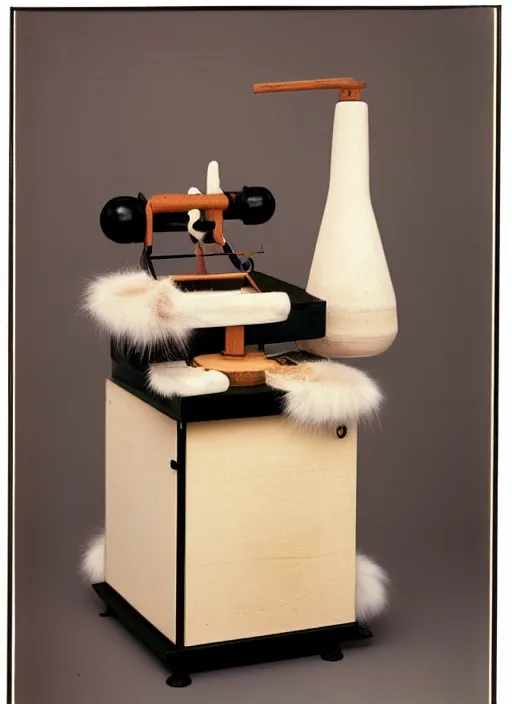 Image similar to realistic photo of a a medieval ritual chemistry appliance model equipment gadget, made of wood white clay and fur with black wires 1 9 9 0, life magazine reportage photo, natural colors, metropolitan museum collection