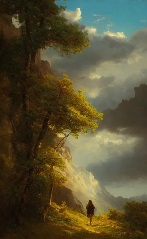 Image similar to a traveler wandering through the mountains looking at the clouds, very detailed, focused, oil painting, cinematic lighting, Albert Bierstadt, trending on Artstation