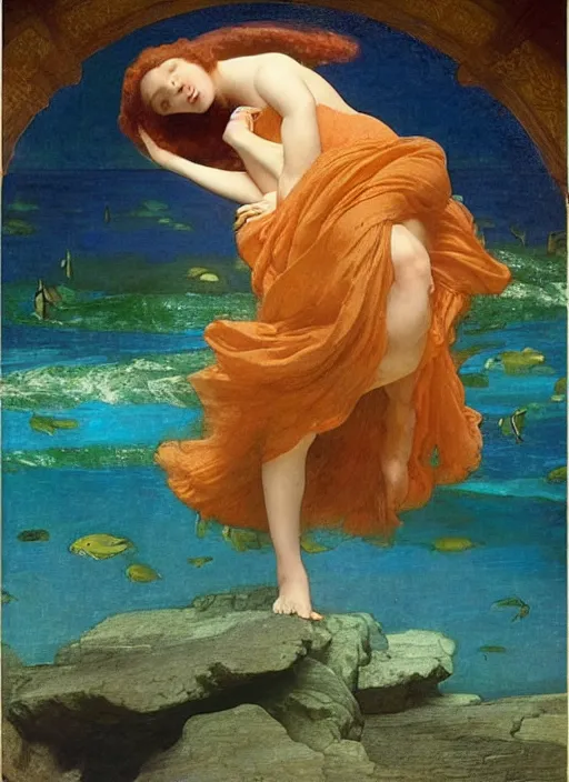 Image similar to under the sea, preraphaelite colour photography by frederic leighton, 8 k