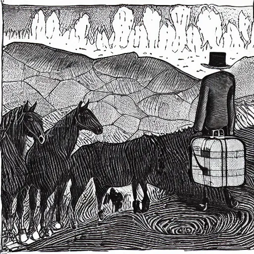 Image similar to a black and white edward gorey illustration of a man in old fashioned clothes waits by the side of the mountain road with his suitcase, looking at a coach with 4 horses is in front of him, stormy night time in the mountains highly detailed in the style of edward gorey, artgerm, 8 k resolution - c 5