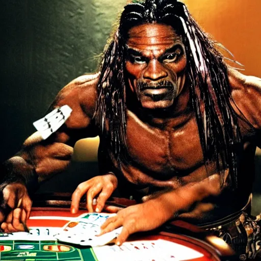 Prompt: predator from the movies in a casino, playing cards, he's wearing a large helmer and body armour, rule of thirds