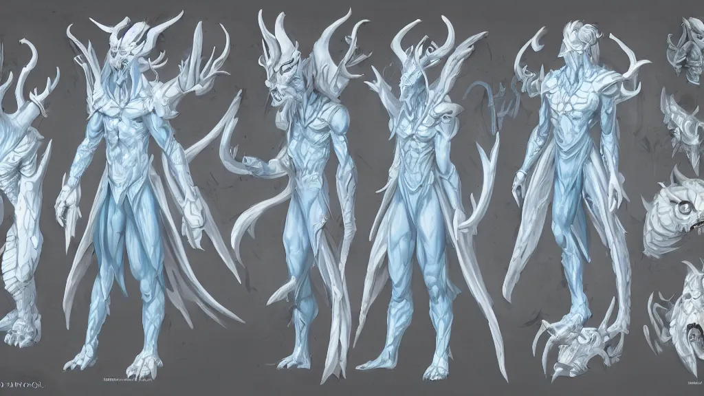 Image similar to a fantasy white and pale blue draconian demon with bright eyes character design sheet, trending on artstation