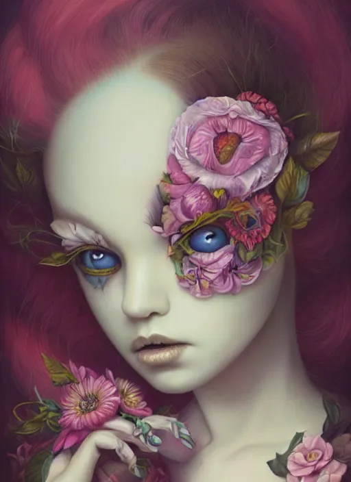 Image similar to pop surrealism, lowbrow art, realistic cute flowers painting, hyper realism, muted colours, rococo, natalie shau, loreta lux, tom bagshaw, mark ryden, trevor brown style,