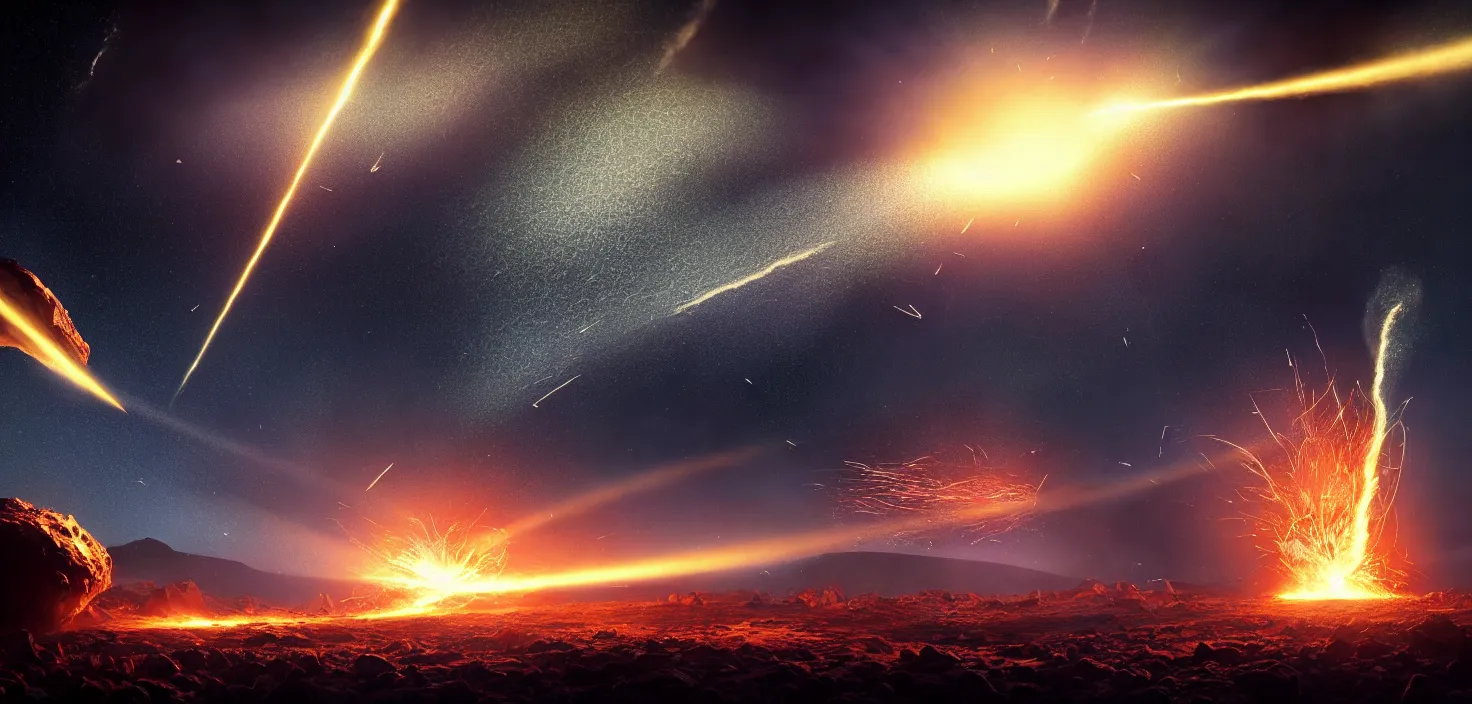 Prompt: fall of large meteorite on planet. blast wave of big bang from collision of meteorite. meteorite explosion of sparks and fire, cinematic view, epic sky, detailed, concept art, low angle, high detail, warm lighting, volumetric, godrays, vivid, beautiful, trending on artstation, by jordan grimmer, huge scene, grass, art greg rutkowski