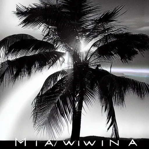 Image similar to miracle musical Hawaii part ii album cover, showing an ocean in the background, spiral transparent stairs on the left with tall palm trees behind it, a slight rainbow in the background, white outline border, moon in the right top area black and white