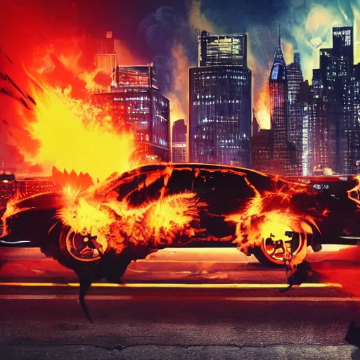Prompt: city on flames at night, batman dancing on top of a car, people cheering, dark, detailed