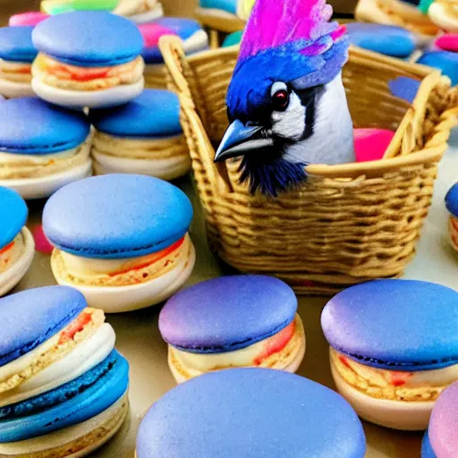 Image similar to A photograph of a (photorealistic blue jay) standing on a large basket of rainbow macarons.