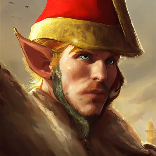 Image similar to portrait of a charming dashing ginger male elf pirate captain wearing tricorne hat, naval background, sunny day, fantasy art by greg rutkowski, intricate, elegant, D&D, award-winning, highly detailed, digital painting, trending on ArtStation, digital art.