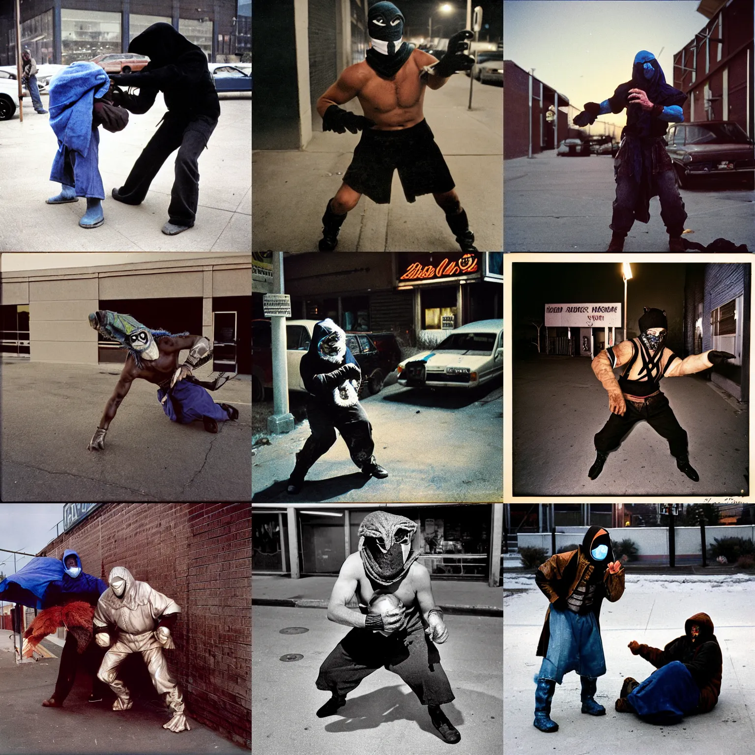 Prompt: kodachrome photo, homeless sub zero from mortal kombat in a mask fighting homeless scorpion, by bruce gilden, on a parking lot, overexposed, harsh flash, grainy, kodachrome, magnum photos