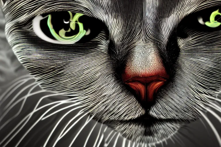 Image similar to portrait of surreal cat with 3rd eye, dmt, trippy, highly detailed, photorealistic, reflections, smooth, sharp focus, concept art, illustration, beautiful, geometric, trending on artstation, cinematic, featured on behance , artwork by WLOP and Tran, Ross