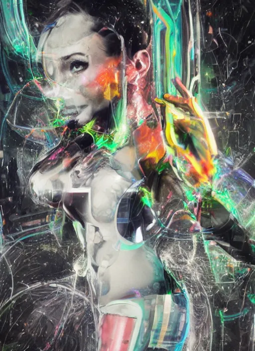 Image similar to futuristic lasers tracing, data visualization, laserpunk fullbodysuit,, pyramid visor, raindrops, wet, oiled, beautiful cyborg girl pinup, by steven meisel, kaws, rolf armstrong, cubist perfect geometry abstract acrylic, hyperrealism photorealistic airbrush collage painting, monochrome, neon fluorescent colors, minimalist rule of thirds, eighties eros