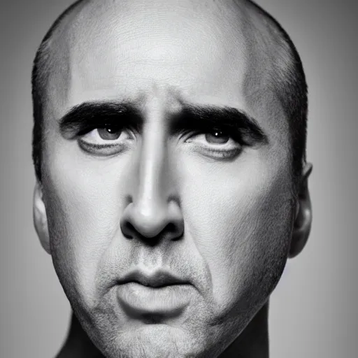 Image similar to portrait of bald nicolas cage neutral expression face straight on headshot even lighting no hair