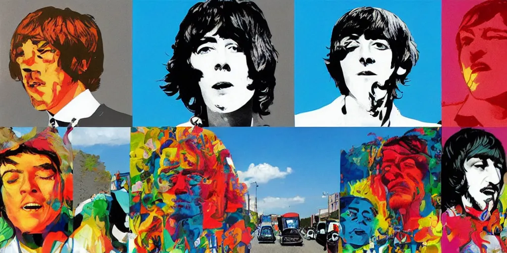 Image similar to blazing sun, blue sky happy faces photo, beatles abbey road crossing album art, sunny day, frida carlo, bill sienkiewicz, jamie hewlett