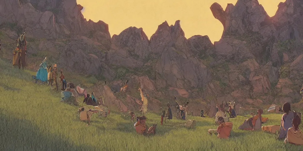 Image similar to an african magic school on the mountains, comics art, cinematic volume lighting, 4k, illustration, epic scene, trending on artstation, art by ghibli moebius