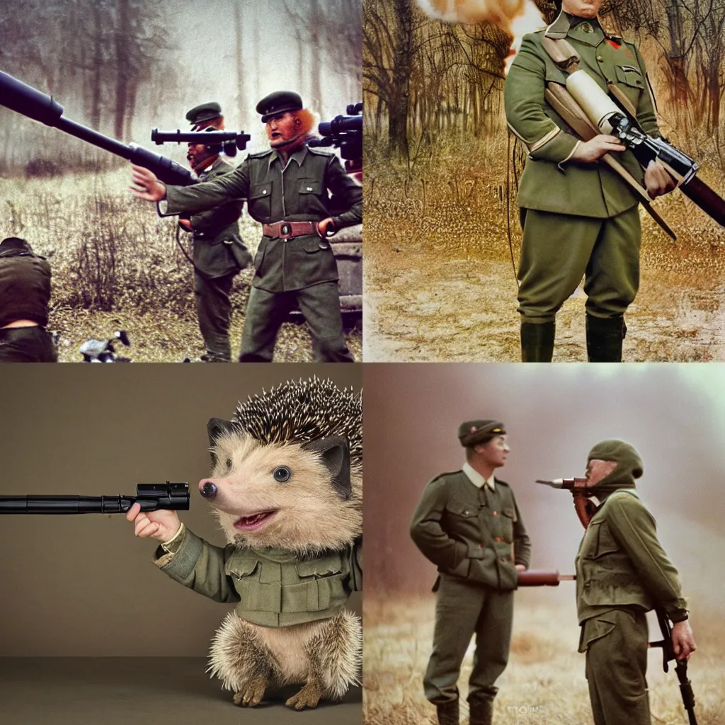 Prompt: anthropomorphic hedgehog as oversized muscular war general in war general uniform with bazooka, secretly on a village, Cinematic focus, Polaroid photo, vintage, neutral colors, soft lights, foggy, by Steve Hanks, by Serov Valentin, by lisa yuskavage, by Andrei Tarkovsky