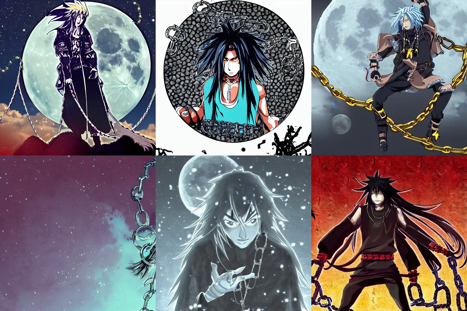 Prompt: '2D graphic design , madara with chains , staying on bodies full moon background wallpaper style '