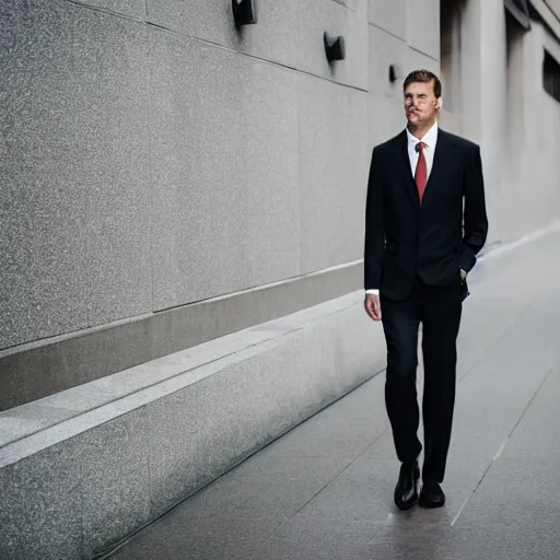 Image similar to portrait photograph of a very tall, elegantly dressed businessman walking through the city