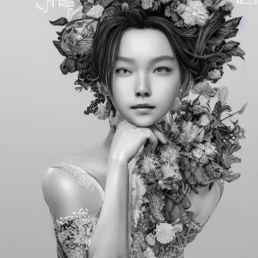 Image similar to the portrait of an absurdly beautiful, graceful, elegant, sophisticated, fashionable young gravure idol made of strawberries and white petals, an ultrafine hyperdetailed illustration by kim jung gi, irakli nadar, intricate linework, bright colors, octopath traveler, final fantasy, unreal engine 5 highly rendered, global illumination, radiant light, detailed and intricate environment