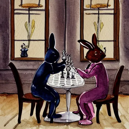 Prompt: two rabbits playing chess inside a ballroom, watercolour realism