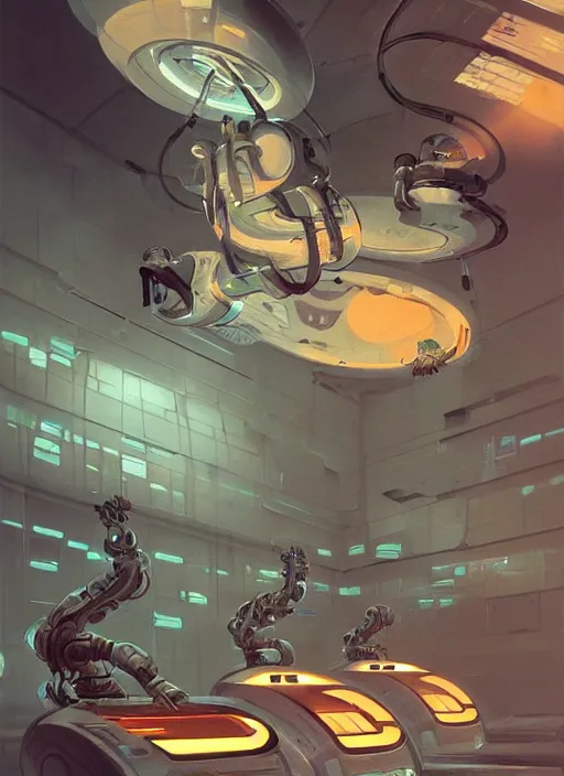 Image similar to futuristic bio laboratory, decaying, glowing tanks with floating bodies mounted on the walls, ceiling mounted robotic surgeon consoles, cosmic horror painting, elegant intricate digital painting artstation concept art by syd mead detailed