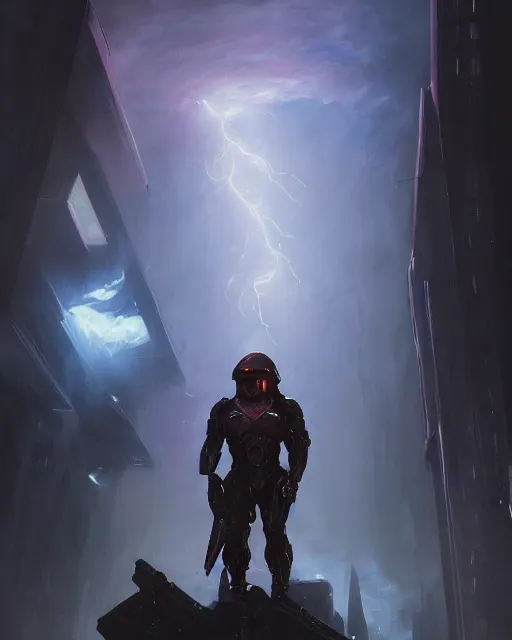 Prompt: oil painting of sci-fi Krogan in thunderstorm, sharp focus, holding sci-fi rifle, magical aura, heroic pose, fantasy style, octane render, volumetric lighting, 8k high definition, by greg rutkowski, highly detailed, trending on art Station, magic the gathering artwork, Spaceship hallway background, centered, horror, sci-fi artwork, demonic