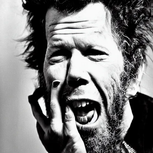 Image similar to tom waits gnawing on a plank of wood, black and white photograph