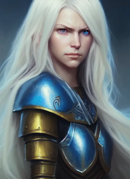 Image similar to a fantasy style portrait painting of shy white female paladin with blonde hair and blue eyes shy, scar under left eye, holy oil painting unreal 5 daz. rpg portrait extremely detailed artgerm greg rutkowski _ greg