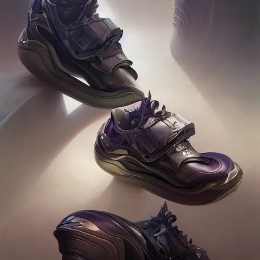 Image similar to futuristic balenciaga sneakers by jesper ejsing, james jean, justin gerard, tomasz alen kopera, cgsociety and fenghua zhong, subsurface scattering, highly detailed, rim light, art, cinematic lighting, very coherent, hyper realism, high detail, 8 k