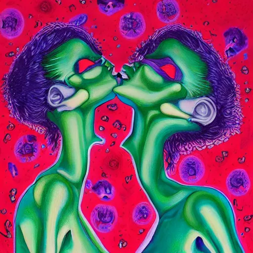 Prompt: expressive painting by francesca sundsten of two bizarre psychedelic femme creatures kissing each other closeup, speculative evolution, exobiology