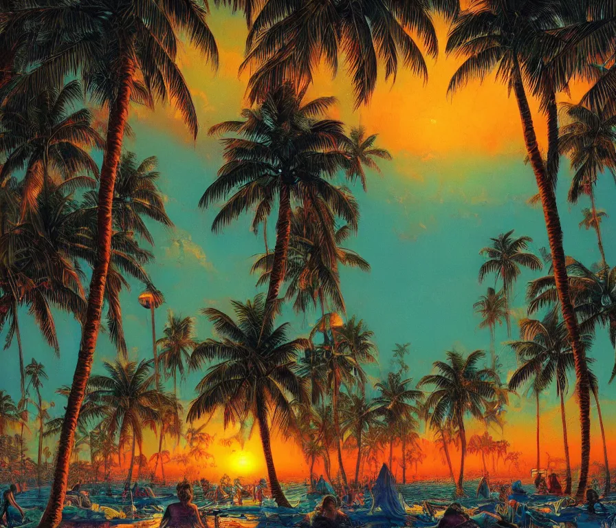 Image similar to a tropical paradise beach filled with palm trees and exotic flowers at sunset by paul lehr, detailed line drawing, intricate, hd, digital art, complementing colors, detailed, illustration painting by alex gray, digital art, moebius