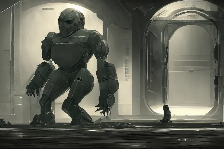 Prompt: parallax datacenter server room interior single mono colossus white rusty android guest robosaurus artstation cinematic detailed concept art sharp coherent cgsociety symmetric perfect well balanced shadows lotr swithes