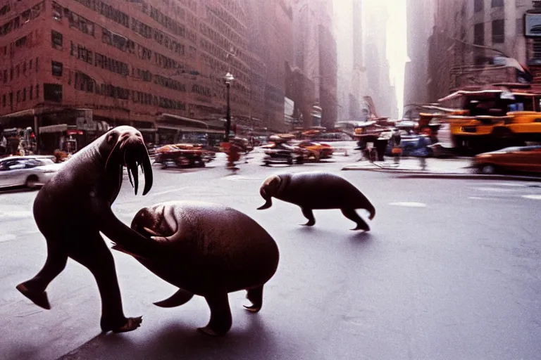 Image similar to closeup potrait of a walrus chasing people in a new york street, natural light, sharp, detailed face, magazine, press, photo, Steve McCurry, David Lazar, Canon, Nikon, focus