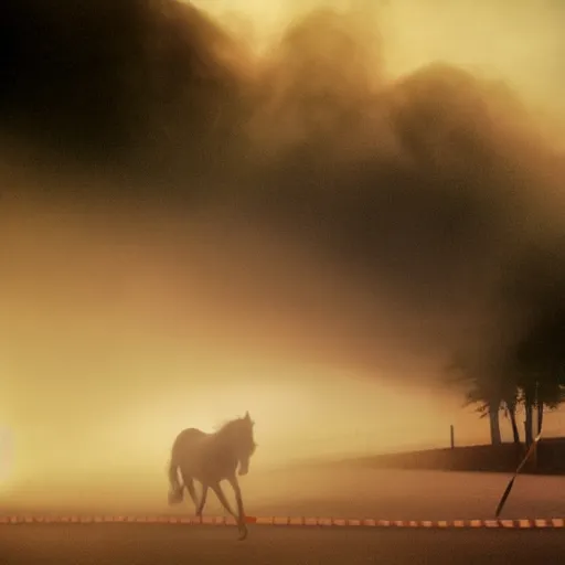 Prompt: misty volumetric muted-neon-color smoke wisps, waft on convection current of air through a low energy cluttered parlor and coalesce into the vague translucent outline of a horse crossing the finish line.