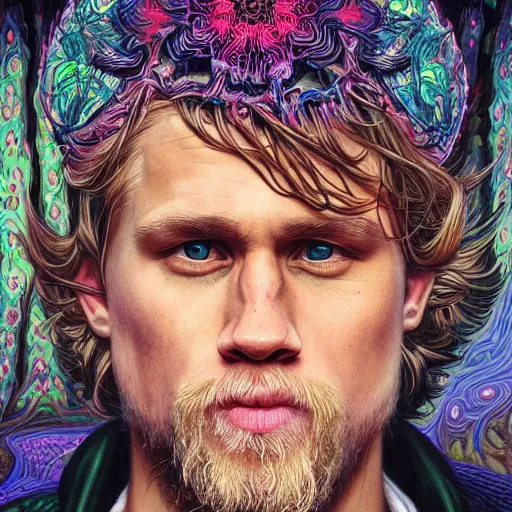 Image similar to portrait of charlie hunnam, hyper detailed masterpiece, neon floral pattern, jean giraud, digital art painting, darkwave goth aesthetic, psychedelic, artgerm, donato giancola and tom bagshaw