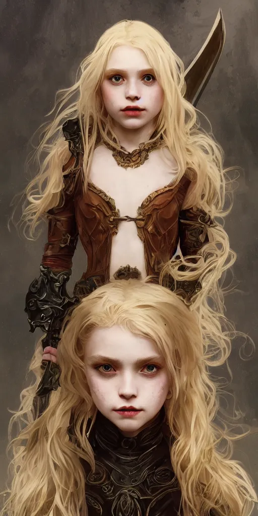 Image similar to portrait of a blonde vampire girl, child, freckles, fierce, messy curly hair, dark leather armor, sword, intricate and very beautiful and elegant, highly detailed, digital painting, artstation, concept art, smooth and sharp focus, cg by tian zi and wlop and alphonse mucha