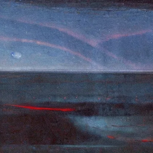 Image similar to the epic abstract painting'blue arctic void with black and red aurora borealis above a tiny inuit village ', by caspar david friedrich!!!, by rothko!!!, stunning masterpiece, trending on artstation