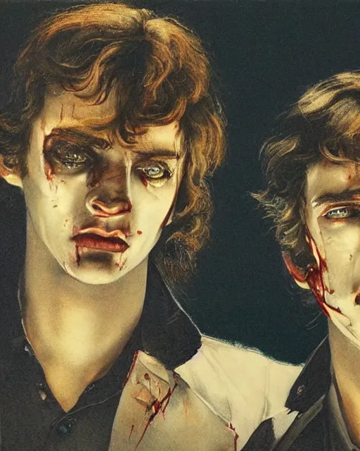 Prompt: two handsome but sinister young men wearing gucci in layers of fear, with haunted eyes and wild hair, 1 9 7 0 s, seventies, wallpaper, a little blood, moonlight showing injuries, delicate embellishments, painterly, offset printing technique, by john howe, brom, robert henri, walter popp