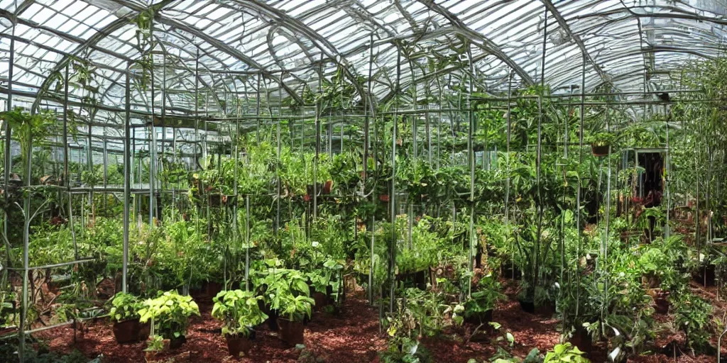 Image similar to interior of experimental greenhouse, novel plants created by the plant wizard luther burbank.