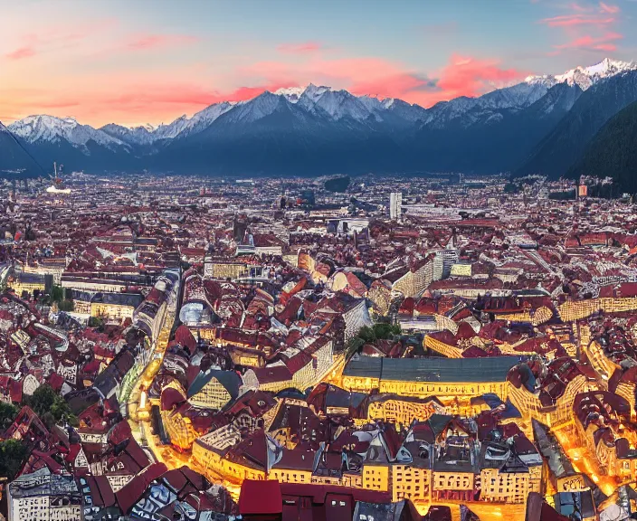 Prompt: 4 k hd, high detail panoramic photograph of innsbruck, shot with sigma f / 4. 2, 2 5 0 mm sharp lens, wide shot, volumetric lighting, high level texture render, unreal engine