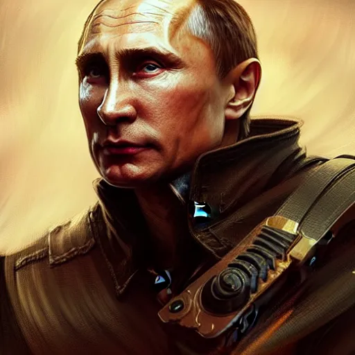 Image similar to Vladimir Putin as as Aiden Caldwell character from Dying Light 2 Stay Human, western, D&D, fantasy, intricate, elegant, highly detailed, digital painting, artstation, concept art, matte, sharp focus, illustration, art by Artgerm and Greg Rutkowski and Alphonse Mucha