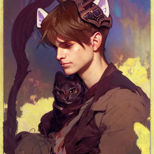 Image similar to Portrait of a pretty fantasy catboy with cat ears. Art by Greg Rutkowski and Alphonse Mucha