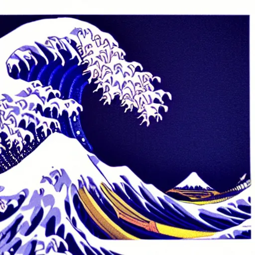 Image similar to vaporwave great wave of kanagawa, outrun, 90s style