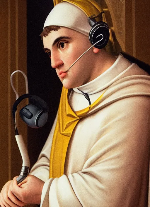 Prompt: photograph of saint thomas aquinas recording a podcast wearing headphones 8k UHD detailed 85mm CANON EOS