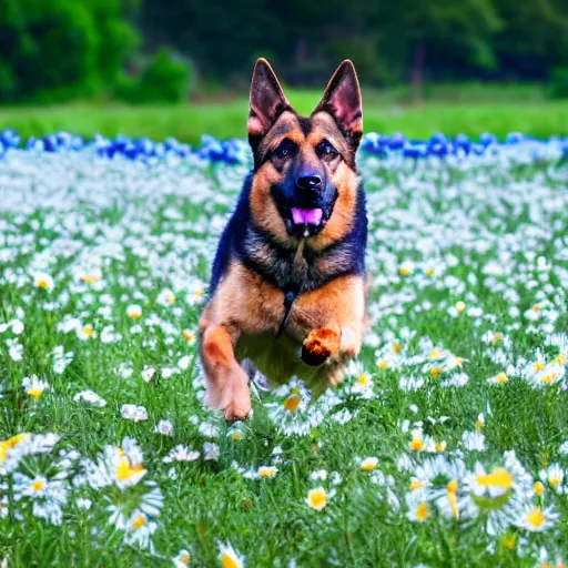 Image similar to German shepherd dog chasing a bunny in a field with daisies, trees in the distance with sun blue skies a couple of clouds