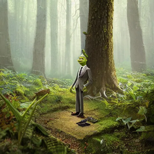 Image similar to Very very very very highly detailed epic central composition photo of Mr Bean as shrek face in the forest, intricate, extremely detailed, digital painting, smooth, sharp focus, illustration, happy lighting, incredible art by Brooke Shaden, artstation, concept art, Octane render in Maya and Houdini